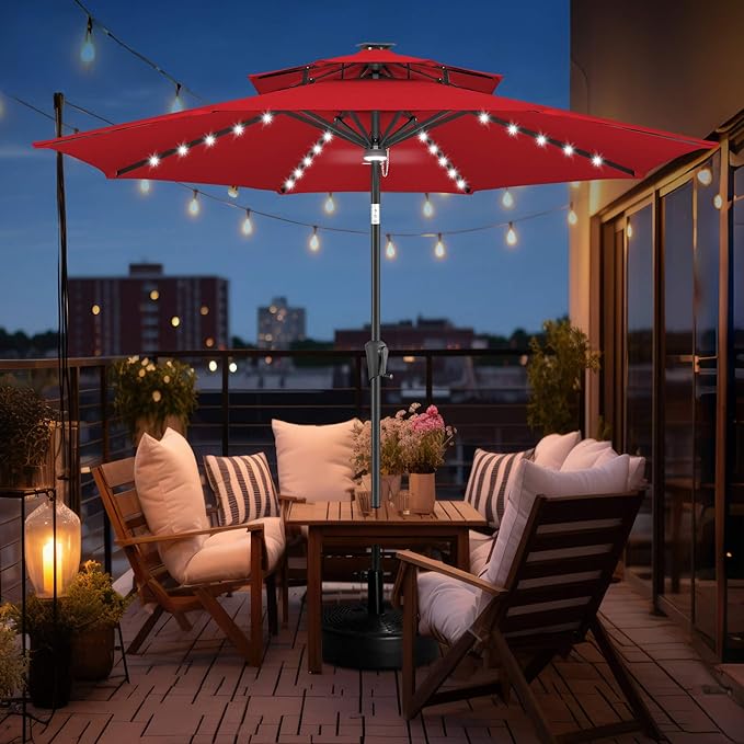 FLAME&SHADE 9 ft Double Top Solar Patio Outdoor Umbrella with 40 LED Lighted and Tilt, Market Table Umbrella for Pool, Porch, Garden, Deck, Yard Red