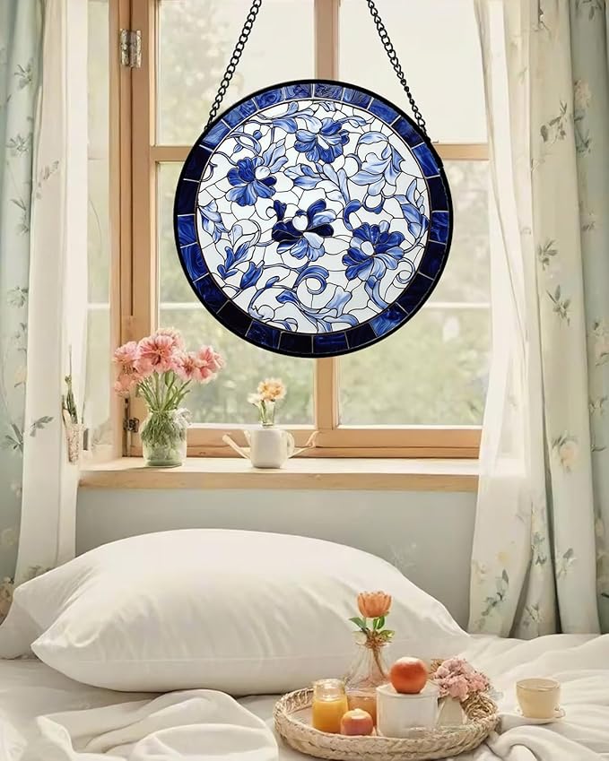 AMDERVEN Stained Glass Window Hanging, Blue and White Abstract Flowers Sun Catcher for Door Home Decor Suncatcher Christmas Mother's Day Birthday Gifts for Women Men Mom and Nana 7.8 in