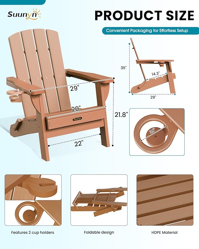 Folding Adirondack Chair 2 Pack, HDPE All-Weather Fire Pit Chairs, Plastic Adirondack Chairs with 2 Cup Holder, Outdoor Lawn Chair for Patio Garden (Teak)