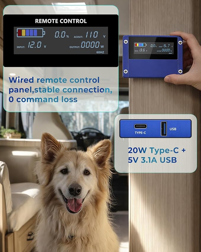 LVYUAN 3000 Watt Pure Sine Wave Power Inverter, DC 12V to 110V Inverter with 2 AWG Battery Cables, Remote & LCD Screen Panel, 4 AC Outlets, 5V/3.1A USB, 20W USB C, 6000 W Surge for RV, truck, off grid