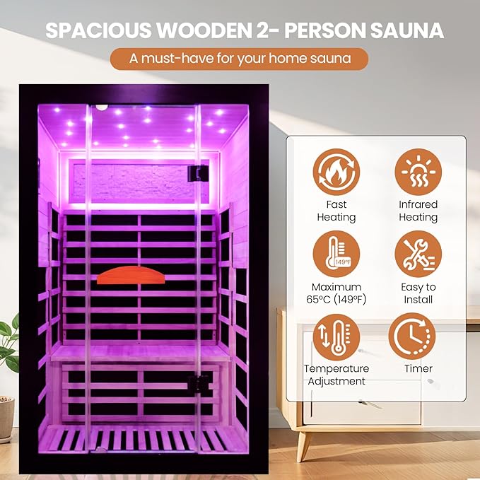 2 Person Sauna Room Far Infrared for Sauna Home Indoor 2000W/110V Low-EMF Wood Okoume Dry Sauna with Air Hole, Full Starry Sky Lights in 7 Color Remedies, Control Panel, Speaker - 47.3*41.3*74.8 IN