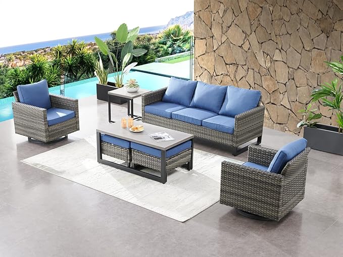 HUMMUH 7 Piece Patio Furniture Set Outdoor Sectional Sofa,High Back Patio Swivel Glider Chairs with Ottomans Coffee Table for Porch,Garden,Backyard