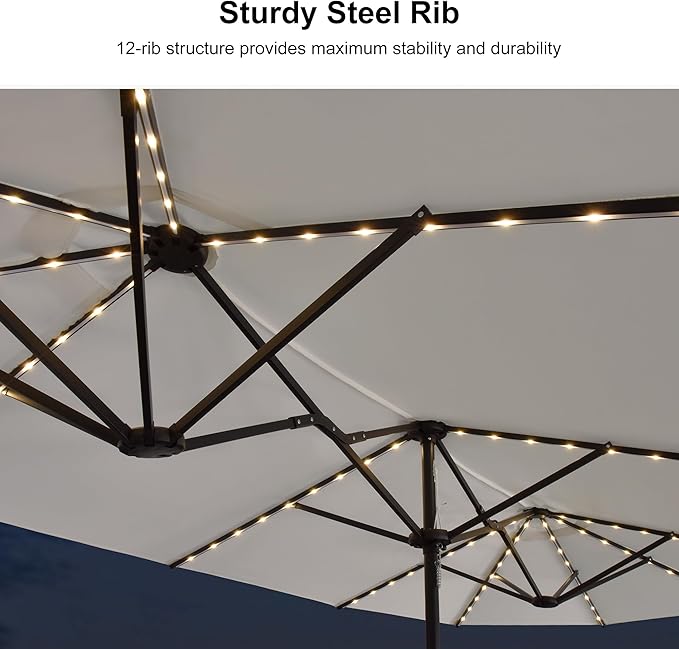 PURPLE LEAF 13ft Patio Market Umbrella with Solar LED and Base Double-Sided Rectangle Outdoor Table Sun Umbrellas with Crank for Pool Beach Deck Backyard Cream