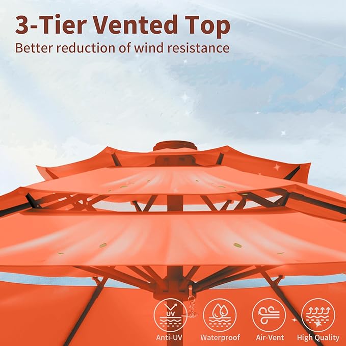 9FT 3 Tiers Patio Umbrella With Auto Tilt And Crank, Outdoor Table Market Umbrella with 8 Sturdy Ribs for Garden, Lawn, Deck, Backyard and Pool