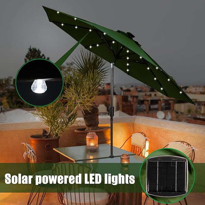 9FT Solar Umbrella 32 LED Patio Umbrellas with Tilt and Crank,Table Market Outdoor Umbrella for Garden,8 Ribs