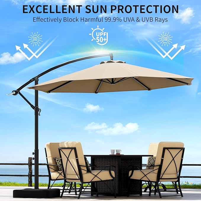 OLILAWN 10ft Patio Umbrella with Base Included, Christmas Outdoor Offset Cantilever Umbrella Upgraded Yarn-dyed Fabric Shade, Sturdy 8 Rids, Easy Tilt Adjustment, for Pool Deck Porch Backyard Garden,Beige