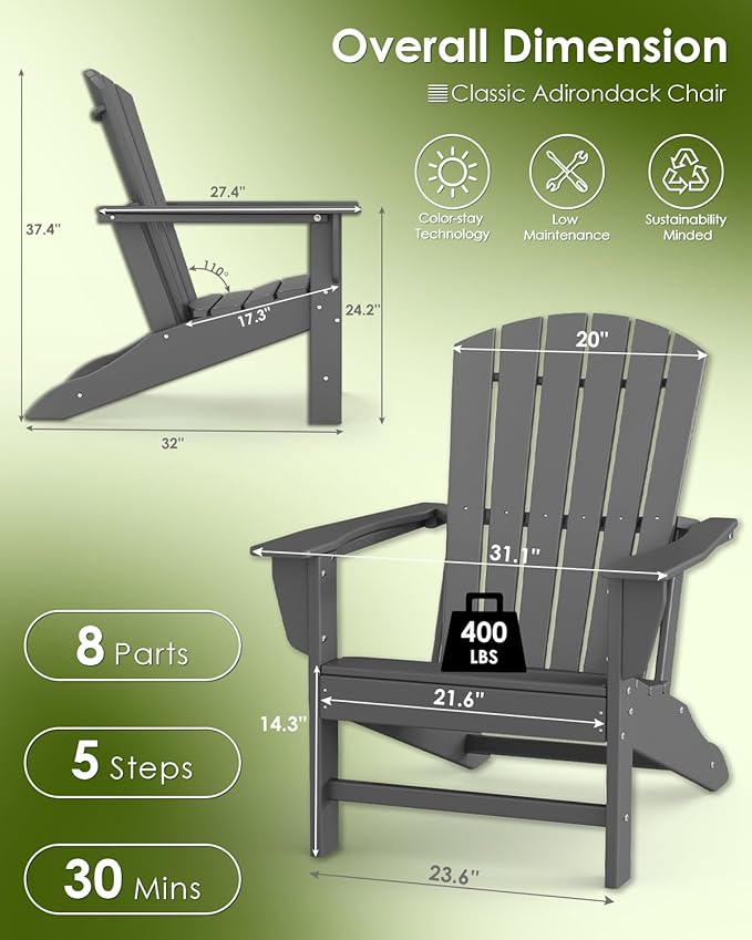 GREENVINES Adirondack Chair | HDPE Plastic | Oversized Fire Pit Chairs | All Weather | Grey | Poly Lumber | for Outdoor Deck Backyard Patio Garden