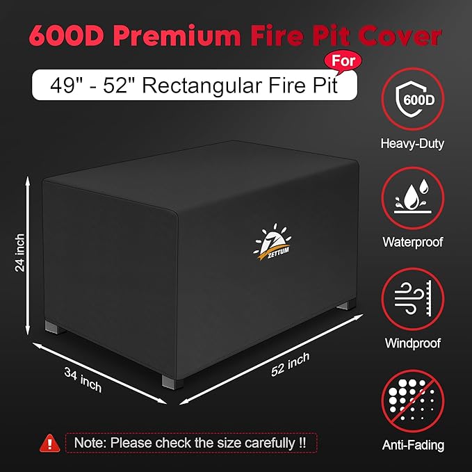 Zettum Fire Pit Cover Rectangular 52 Inch - Outdoor Fire Table Cover Rectangle Heavy Duty & Waterproof, 600D Patio Propane Gas Firepit Cover Rectangular Fade & Weather Resistant - 52 x 34 x 24 Inch