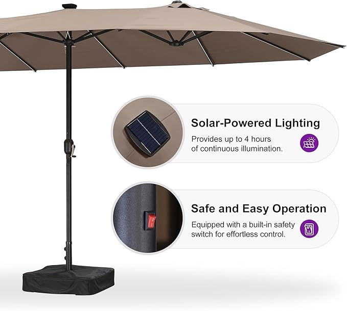 PURPLE LEAF 14ft Patio Market Umbrella with Solar LED and Base Double-Sided Rectangle Outdoor Table Sun Umbrellas with Crank for Pool Beach Deck Backyard Taupe