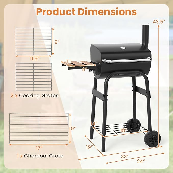 Giantex Portable Charcoal Grill with Foldable Side Table, Outdoor BBQ Smoker Grill with Wheels, Thermometer, Adjustable Air Vent, Bottom Shelf, Barrel Barbecue Grills for Patio, Camping & Tailgate