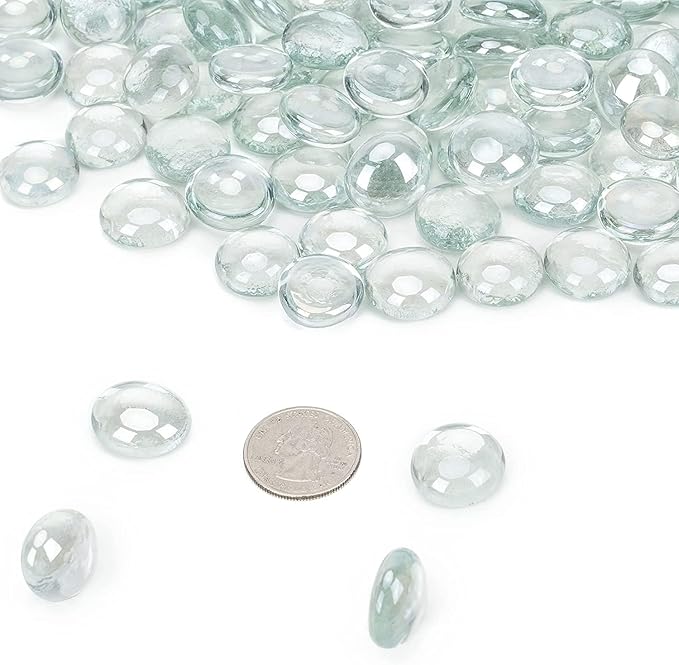 onlyfire Flat Fire Glass Beads for Propane Fire Pit, 1/2 Inch Reflective Firepit Glass Rocks 10 Pounds Flat Marbles for Gas Fireplace and Fire Pit Table, Crystal Ice