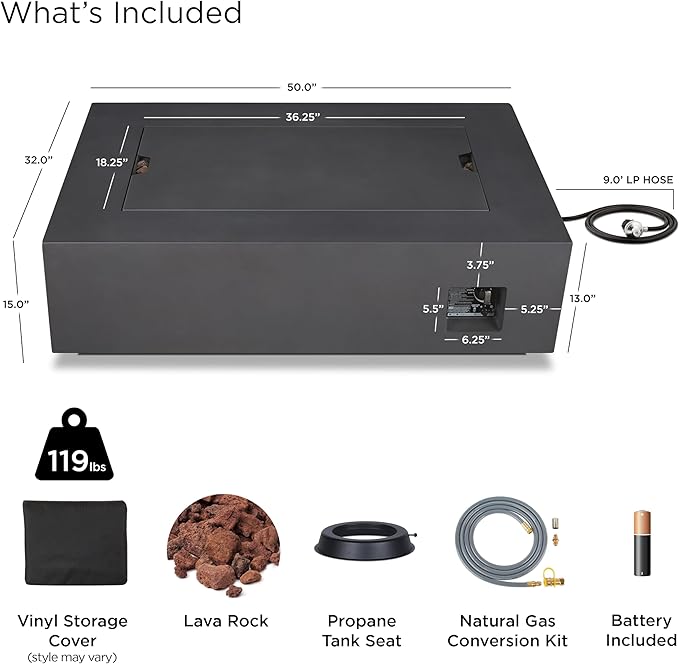 Real Flame Aegean 50in Rectangle Propane or Natural Gas Fire Pit Table, 50,000 BTU, Powder-Coated Steel, Push-Button Ignition, CSA Certified, Lava Rock, Storage Cover, Stainless Steel Burner with Lid