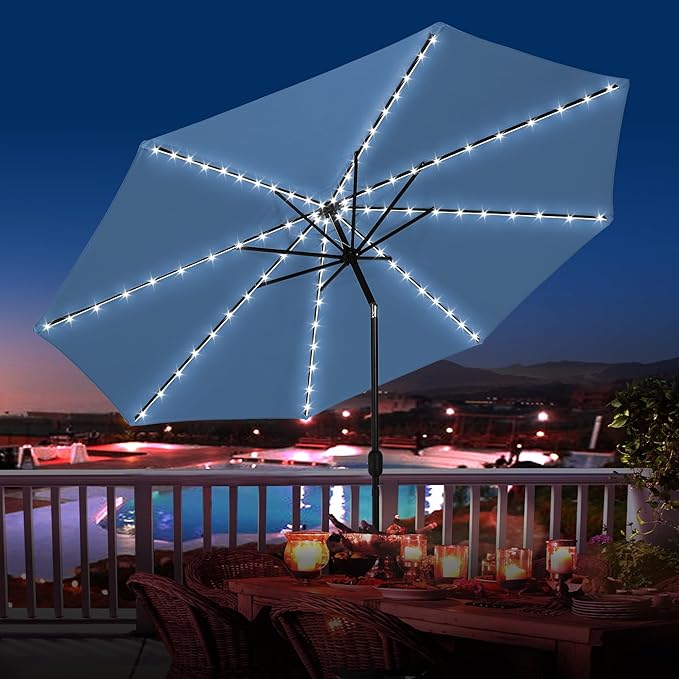 Sundale Outdoor Olefin 5-Year-Non-Fading Solar 88 LED 10FT Solar Patio Umbrella with Sand Bag Base, Outdoor Umbrella with Tilt and Crank, Navy