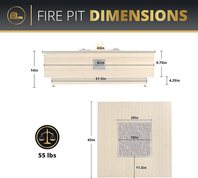 43" Gas Fire Pit Table with Propane Tank Cover Table Wood Grain Design Square Includes Lava Rocks and Weatherproof Cover for Outdoor Patios Parties Garden 50,000 BTUs CSA Certified