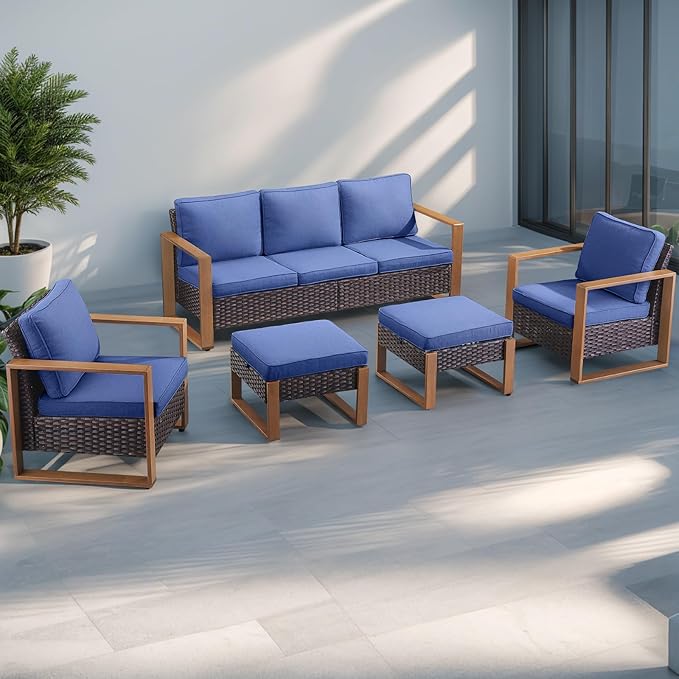 Rilyson Outdoor Wicker Patio Furniture Set - 5 Piece Patio Conversation Set with 2 Wicker Armrest Chairs,2 Rattan Ottoman and 1 Couch,Sturdy Frame,Thick Cushions,Deep Seating(Brown/Blue)