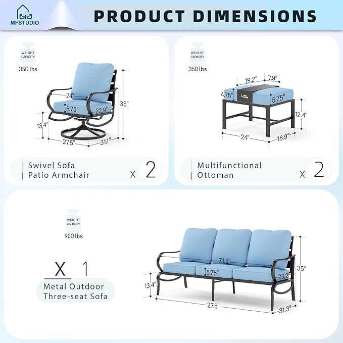 MFSTUDIO 5 Pieces Patio Conversation Sets,Outdoor Metal Furniture Sofas with 1 x 3-Seat Sofa, 2 x Swivel Chairs,2 x Ottoman,Wrought Iron Frame with Blue Cushion for Patio Courtyard Balcony