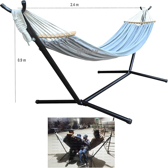 GOCAN Double Hammock 2 Person Large 220x150cm with Steel Stand and Removable Spreader bar Load 500lb, Canvas Cotton Hammocks for Patio Porch Garden Backyard Outdoor and Indoor