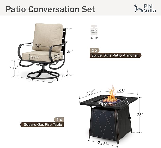 PHI VILLA 5 Piece Patio Furniture Set with 28" Firepit Table, 4 Outdoor 5.75" Cushioned Metal Frame Swivel Sofa Chairs & 28" Gas Firepit Table, Outside Furniture Set for Lawn Garden(Beige)