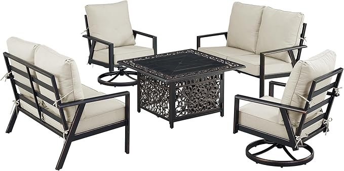Oakland Living Black Aluminum Patio Fire Table Set with Two Deep Seating Loveseat with Cushions and Two Club Chairs with Light Grey Cushions