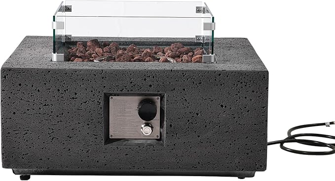 SUNBURY Outdoor Travertine Fire Pit Table, Propane Burning Fire Pit, 35 inch Square Patio Firepit, 50000 BTU Fire Table with Waterproof Cover and Glass Stones, Gray