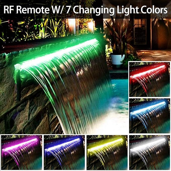 PONDO Lighted Waterfall Pool Fountain 12'' w/LED 7 Color Changing and Remote, Acrylic Waterfall Spillway for Sheer Descent Garden Outdoor