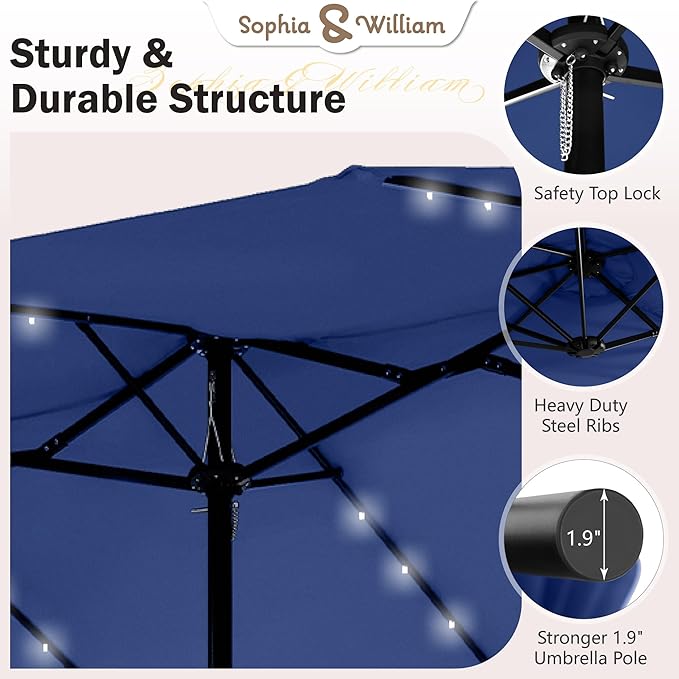 Sophia & William 15 ft Extra Large Patio Umbrella with Solar Lights, Rectangular Outdoor Umbrella with Base Included, Market Umbrella Double-sided Heavy Duty for Pool Garden Backyard, Haze Blue