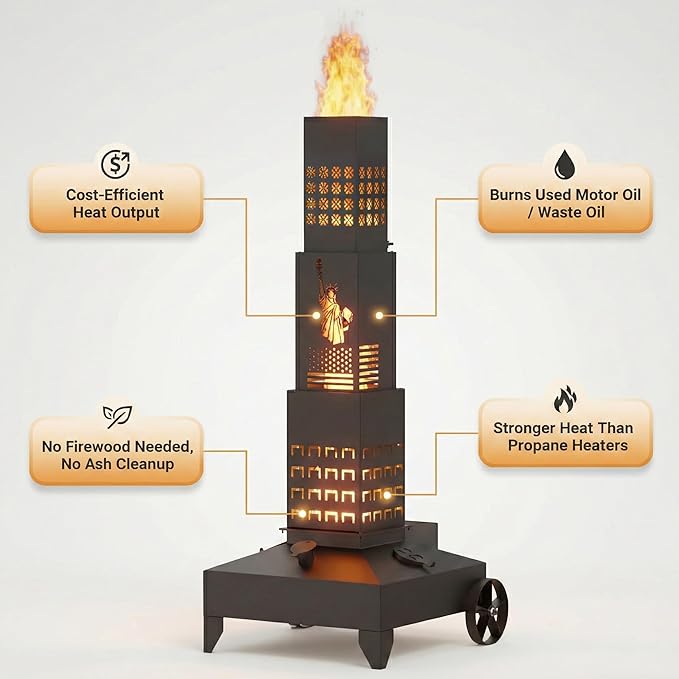 51" Smudge Pot Heater with Wheels, 7-Gallon Waste Oil Patio Heater,Heavy-Duty Steel Pyramid Design,Portable Fireplace for Backyard, Porch, Patio and Garden(Statue)
