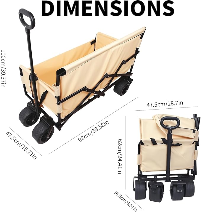 Collapsible Folding Wagon, Foldable Beach Wagon Cart with 300L Storage Collapsible 330LBS Folding Cart Adjustable Handle, Outdoor Utility Wagon for Groceries, Camping, Sports, Shopping(White)