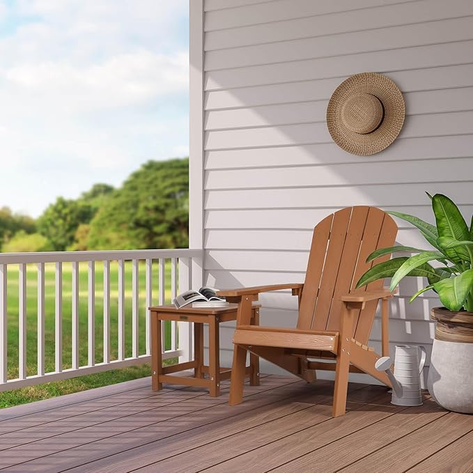 Adirondack Chairs Set of 2, All Weather Resistant Plastic Chairs with Cup Holder, 5 Easy Steps to Install, Outdoor Chairs for Patio, Garden, Backyard Deck, Lawn, Fire Pit - Teak