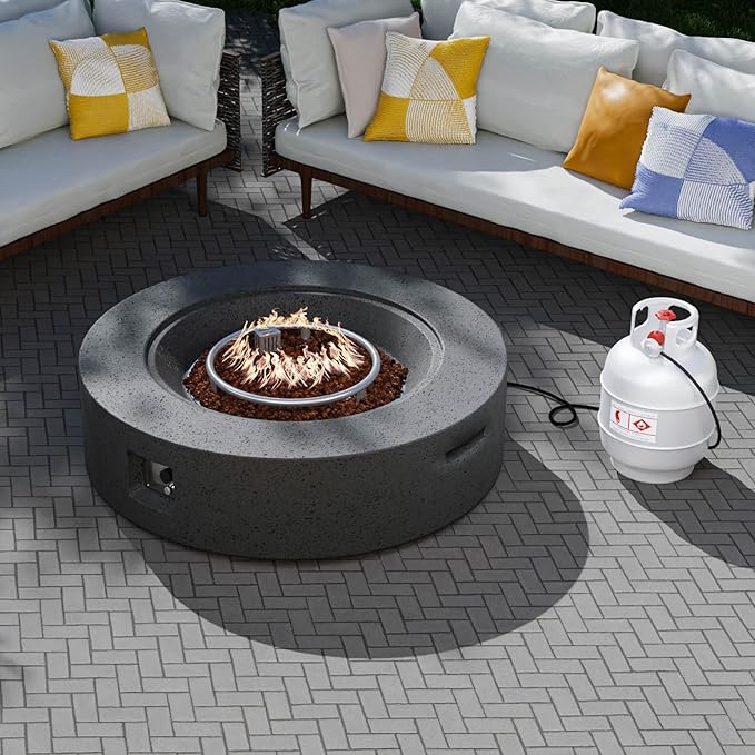 SUNBURY Outdoor Travertine Fire Pit Table, 42 inches Round Propane Gas Patio Fire Pit 50,000 BTU Concrete, Circular Base Firepit with Lava Rocks, Waterproof Cover (Grey)