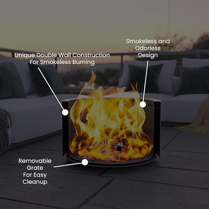 Flash Furniture Titus Commercial Grade Wood Burning Smokeless Outdoor Firepit - Fingerprint Resistant Stainless Steel - 27 inches - Portable - Waterproof Cover