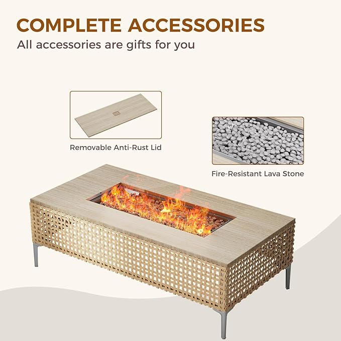 Grand patio 14-Piece Patio Furniture Set with 47" Fire Pit Table, Outdoor Conversation Set & 50,000 BTU 47 Inch Rectangle Propane Fire Pit & Storage Box with Water Resistant Thick Cushions, Cream