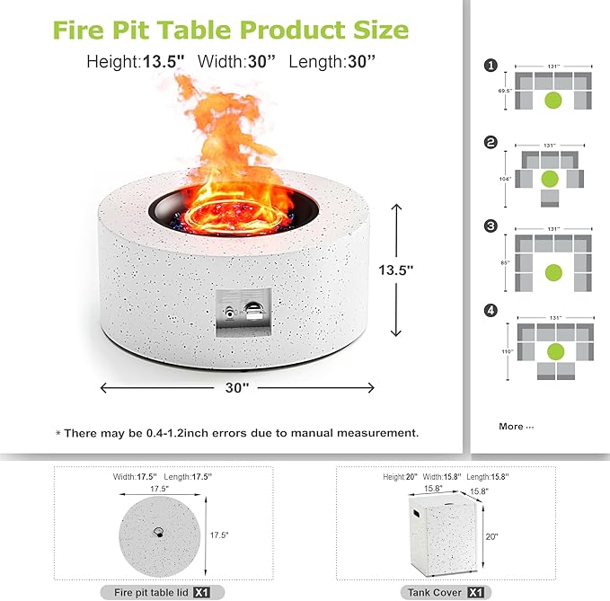 30" Round Propane Fire Pit Table - 50K BTU with Lid, Rocks Tank Storage and Cover - Round Gas Fire Pits for Outside Patio - Outdoor Table with Firepit (White, 30" Round)