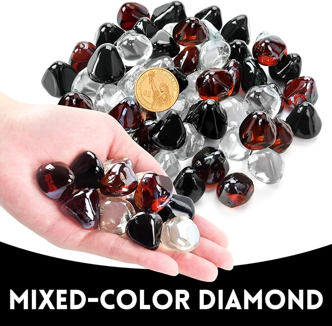 GasSaf Diamonds Fire Glass for Gas or Propane Fire Pit Fireplace & Landscaping 10-Pound 1 inch (Amber, Black, Crystal Clear)