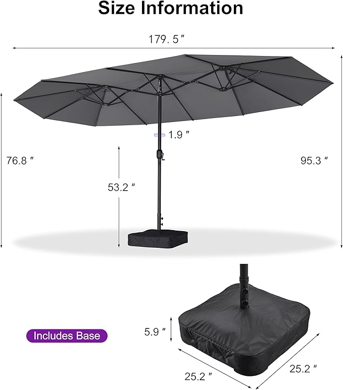 PURPLE LEAF 15ft Patio Market Umbrella with Base Double-Sided Rectangle Outdoor Table Sun Umbrellas with Crank 12 Heavy Duty Sturdy Ribs for Pool Beach Deck Backyard Light Gray