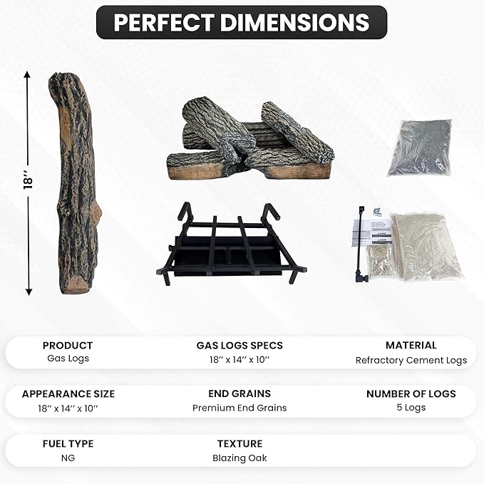 18" Premium Gas Logs - Match Light Kit Included - for Natural Gas Vented Fireplaces - Blazing Oak Design (Logs + Match Light Kit)