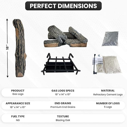 18" Premium Gas Logs - Match Light Kit Included - for Natural Gas Vented Fireplaces - Blazing Oak Design (Logs + Match Light Kit)