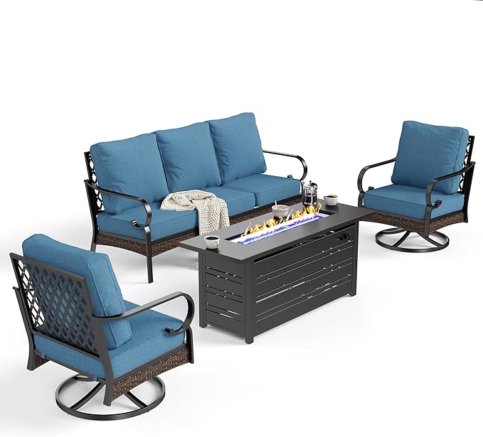 SUNSHINE VALLEY 4 Piece Metal Outdoor Patio Furniture Sets with Firepit Table, Patio Conversation Sets 1 3-Seater Sofa, 2 Swivel Sofa with 5.75" Thick Cushion Backyard Furniture for Deck, Denim Blue