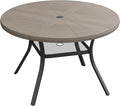 VICLLAX Round Patio Dining Table, 4 Person Aluminum Outdoor Dining Table with Umbrella Hole and Storage Shelf for Garden Lawn Deck, 40.6" Grey