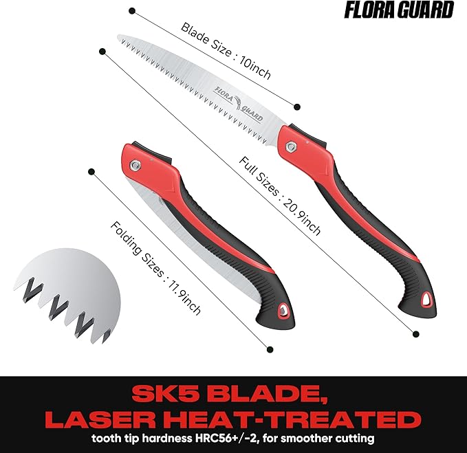 FLORA GUARD Folding Pruning Saw, 10-Inch Folding Hand Heavy Duty Saw with Multi-Level Razer Teeth for Camping, Tree Trimming, Wood Cutting, Gardening Tools (Red-10")