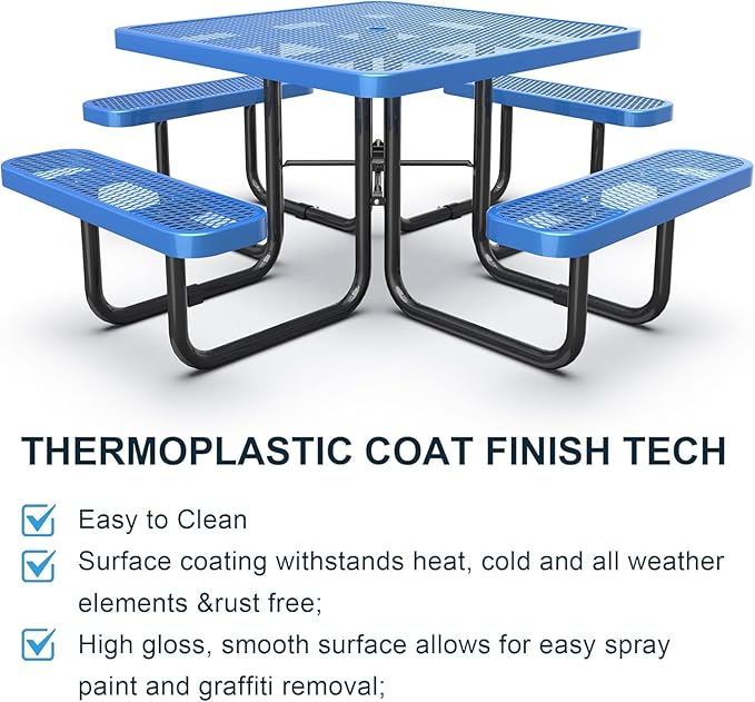 dafrigic 46" Square All Weather Resistant Commercial Picnic Table for Outdoors, Heavy Duty Picnic Table up to 4600 lbs with Umbrella Hole for School, Warehouse, Coffee Shop, Blue