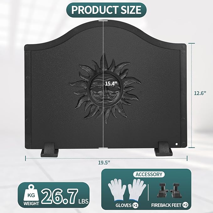 Iron Fireback with Feet - 19.5in Sun Fireplace Heat Reflector, Heat-Resistant Material with Decorative Design for Wall Protection