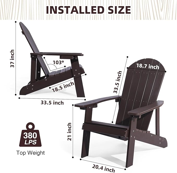 Adirondack Chairs Set of 4, All Weather Resistant Plastic Chairs with Cup Holder, 5 Easy Steps to Install, Outdoor Chairs for Patio, Garden, Backyard Deck, Lawn, Fire Pit - Brown