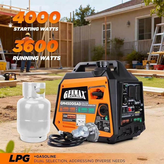 GENMAX Portable Generator, 4500W Super Quiet Gas or Propane Powered Engine with Parallel Capability, Manual start, Ideal for Camping Travel Outdoor.EPA Compliant (GM4500iSAD)