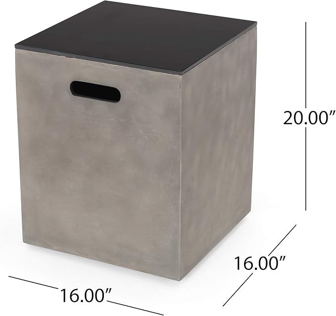 Propane Tank Cover Table for Fire Pits, 20 LB Concrete Propane Tank Holder with Side Handles, Outdoor Tank Storage Side Table for Patio, Gas Griddle, Black+ Gray, Ceramic Top