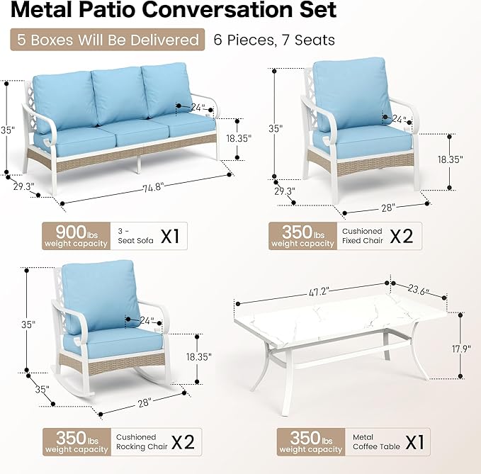 SUNSHINE VALLEY 6 Piece Metal Outdoor Patio Furniture Set, Patio Conversation Set 3-Seater Sofa, 2 Fixed Sofa, 2 Rocking Chair with 5.75" Thick Cushion and Coffee Table White Backyard Furniture, Blue