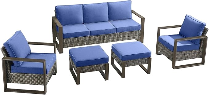 Rilyson Outdoor Wicker Patio Furniture Set - 5 Piece Patio Conversation Set with 2 Wicker Armrest Chairs,2 Rattan Ottoman and 1 Couch,Sturdy Frame,Thick Cushions,Deep Seating(Mixed Grey/Blue)
