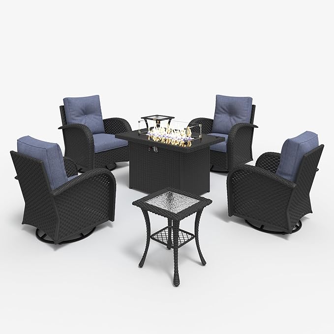 LayinSun 7 Pieces Outdoor Patio Furniture Set with Fire Pit Table, Rattan Wicker Sectional Swivel Rocker Chairs Sets