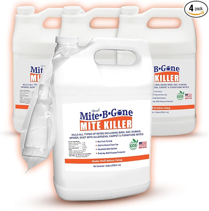 Mite Killer Treatment Spray Pack by Mite-B-Gone | Kills All Types of Mites, Dust, Spider, Rat, Carpet & Bird Mites | Safe for Homes, Furniture & Pets | Non-Toxic | Kid & Pet Friendly | 1 Gal 4-Pack