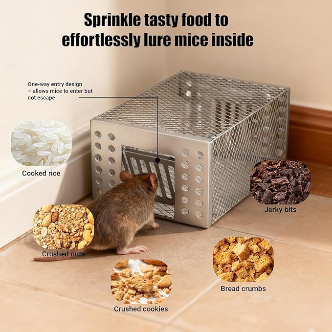 2026 Upgraded Stainless Steel Automatic Mouse Trap, Easy Setup for Indoor and Outdoor Use, Humane No-Kill Live Trap with One-Way Door, Catch & Release for Mice and Rodents (3)